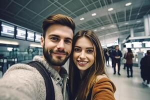 ai generativ Paar im Liebe nehmen ein Selfie im Vorderseite von das Flugzeuge foto