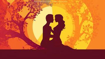 ai generativ Paar von Liebhaber ist küssen unter ein Baum während das Herbst Jahreszeit Menschen Liebe und Natur Konzept foto