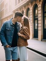 ai generativ Paar von jung Tourist im Liebe haben ein romantisch Kuss im das Stadt Freund und Freundin haben ein Besondere romantisch Moment auf das Straße Liebe Tourismus und Lebensstil Konzept foto