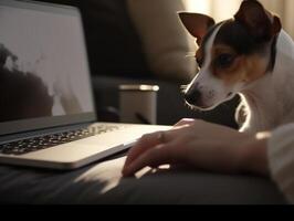 ai generativ Hund ist Aufpassen es ist Inhaber mit pc jung attraktiv Mädchen ist studieren Lügen im das Park mit ihr Hund Konzept Über Hund Menschen Natur und Technologie foto