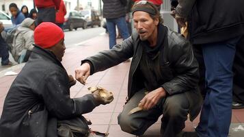 ai generativ großzügig Geschäftsmann gibt Geld zu ein obdachlos foto