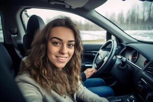 ai generativ Mädchen Fahrten während seine Fahren Prüfung kaukasisch Menschen Lebensstil und Fahren Schule Konzept foto