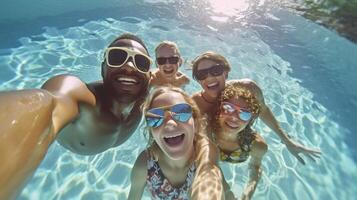 ai generativ Gruppe von Beste freunde nehmen Selfie beim das Schwimmen Schwimmbad Konzept Über Freundschaft Sommer- und Technologie foto