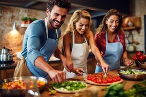 ai generativ Gruppe von kaukasisch freunde haben Spaß Kochen zusammen Pasta und Gemüse foto