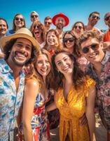 ai generativ Gruppe von freunde haben Spaß beim ein Strand Party Lebensstil Menschen und Ferien Konzept foto