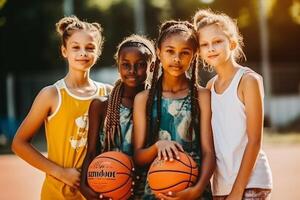 ai generativ Gruppe von freunde spielen Basketball Gruppe von sportlich gemischtrassig Menschen spielen zusammen während das Sommer Konzept Über Menschen Lebensstil und Sport foto