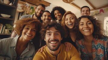 ai generativ Gruppe von freunde nehmen Selfie Sitzung auf Sofa beim Zuhause jung Menschen haben Spaß beim Haus Party Millennials Porträt lächelnd beim Kamera Freundschaft Konzept foto