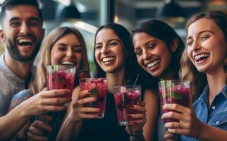 ai generativ Gruppe von glücklich freunde Toasten mit Cocktail alle zusammen beim das Bar Sie sind suchen beim das Kamera halten Brille beim das Restaurant Freude das Wochenende foto