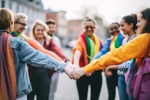 ai generativ Gruppe von lgbt Menschen halten Hände draußen vielfältig glücklich freunde umarmen draußen Fröhlich Stolz Konzept mit Menge von Jungs und Mädchen Stehen zusammen auf Stadt Straße foto