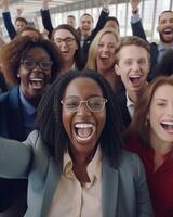 ai generativ Gruppe von gemischtrassig Menschen mit Hände oben lächelnd beim Kamera zusammen korporativ Mannschaft Kollegen Glückwunsch Mitarbeiter mit Geschäft Erfolg im Coworking geteilt Büro foto