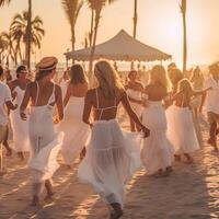 ai generativ Gruppe von Menschen ist Tanzen während ein Strand Party Menschen und Lebensstil Konzept foto