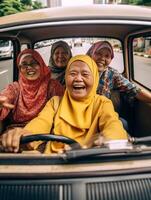 ai generativ Gruppe von Senior Frauen nehmen Selfie kleben aus Zunge und zeigt an Felsen n rollen Hand Geste komisch Leben Stil Konzept mit drei weiblich Beste freunde haben Spaß zusammen auf Stadt stre foto