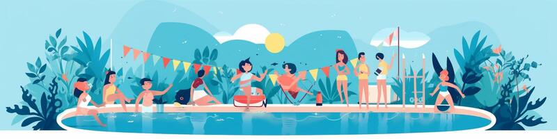 ai generativ Gruppe von jung glücklich Menschen haben Spaß beim Schwimmbad Party lächelnd Menschen feiern Trinken Champagner zusammen exklusiv Urlaub beim Resort und Hotel Sommer- Konzept foto