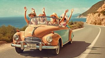 ai generativ Gruppe von Frauen mit Einkaufen Taschen Fahren ein Cabrio Auto beim Ferien foto