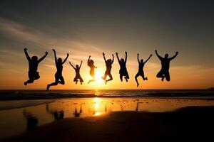 ai generativ Gruppe von jung Menschen Springen beim das Strand auf ein Sommer- Sonnenuntergang foto