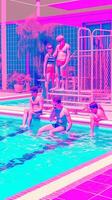 ai generativ Gruppe von jung Menschen mit Smartphones beim das Schwimmen Schwimmbad vier kaukasisch freunde haben Spaß auf Ferien foto