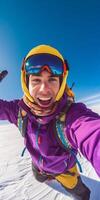 ai generativ gut aussehend komisch Skifahrer ist nehmen ein Selfie beim Winter im das Schnee auf ein Berg foto