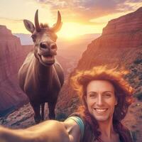 ai generativ gut aussehend Mann nehmen ein Selfie Klettern ein Felsen lächelnd Wanderer nehmen ein Porträt mit Aktion Nocken Wandern ein Berg beim Sonnenuntergang foto