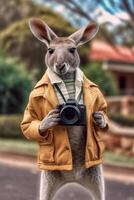 ai generativ gut aussehend Tourist Mann nehmen ein selbst Porträt mit ein Känguru beim Ferien Australien foto