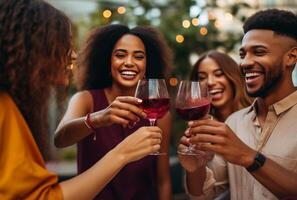 ai generativ glücklich afrikanisch amerikanisch Frau Trinken rot Wein beim Bar Restaurant gemischtrassig freunde haben Spaß feiern beim Abendessen Zeit Toasten Getränke Freundschaft Konzept foto