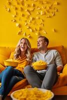ai generativ glücklich schön Paar Aufpassen Fernseher und Essen Pop Mais beim Zuhause Sitzung auf das Sofa foto