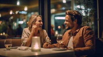 ai generativ glücklich Paar Dating beim ein Restaurant Frau im Liebe haben ein Konversation mit ihr Freund foto