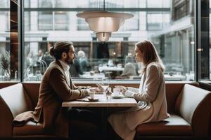 ai generativ glücklich Paar genießen Frühstück Trinken Kaffee beim Bar Cafeteria Leben Stil Konzept mit Kerl und Mädchen im Liebe haben Datum Moment Sitzung beim Restaurant im das Stadt Center foto