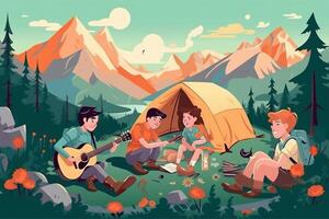 ai generativ glücklich Familie Camping im das Wald spielen Gitarre und Singen zusammen Mutter Vater und Sohn haben Spaß Trekking im das Natur Sitzung im Vorderseite von das Zelt Familie Natur und Wanderung foto