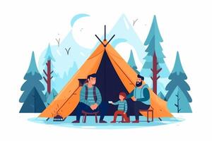 ai generativ glücklich Familie Camping im das Wald nehmen Selfie Porträt zusammen Mutter Vater und Sohn haben Spaß Trekking im das Natur Sitzung im Vorderseite von das Zelt Familie Natur und Trekking foto