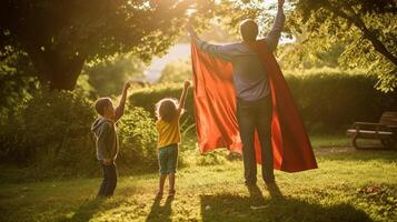 ai generativ glücklich Familie spielen zusammen draußen Kind im ein Superheld Kostüm haben Spaß mit Mutter und Papa im das Park beim Sonnenuntergang Familie Liebe und Kindheit Konzept foto