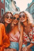 ai generativ glücklich weiblich freunde nehmen Selfie Porträt genießen Sommer- Ferien im Italien heiter jung Frauen haben Spaß Gehen auf Stadt Straße Sommer Ferien Leben Stil Konzept foto