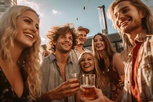 ai generativ glücklich freunde Essen und Trinken rot Wein Brille auf Balkon Dach Party jung Menschen genießen Mittagessen brechen beim Restaurant Terrasse Jugend Lebensstil Momente Konzept mit Jungs und foto