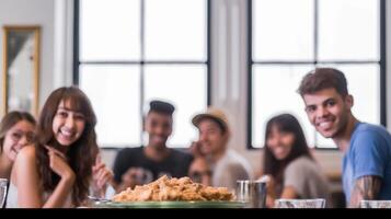 ai generativ glücklich freunde haben Frühstück zusammen beim Cafe Bar Gruppe von jung Menschen Trinken Kaffee und frisch Saft Sitzung beim Brunch Restaurant Essen und trinken Konzept foto