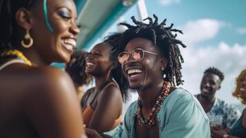 ai generativ glücklich Gruppe von freunde haben Spaß beim Schwimmbad Party Freundschaft Konzept mit jung Menschen Lachen zusammen auf Ferien Fokus auf schwarz Frau foto