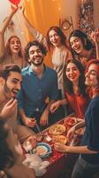 ai generativ glücklich Gruppe von freunde haben Abendessen Party beim Zuhause heiter jung Menschen haben Mittagessen brechen zusammen Leben Stil Konzept mit Jungs und Mädchen feiern das Erntedankfest Essen und bev foto