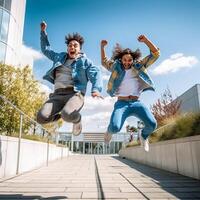 ai generativ glücklich Gruppe von jung Menschen Springen auf Stadt Straße gemischtrassig Studenten Hochschule feiern draußen Leben Stil Konzept mit Jungs und Mädchen haben Spaß zusammen hängend draußen foto