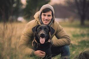 ai generativ glücklich Mann haben Spaß spielen mit Hund beim Park Kerl kuscheln Labrador Retriever Hündchen draußen foto