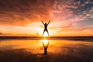 ai generativ glücklich Mann Springen beim das Strand auf ein Sonnenuntergang Hintergrund Glück und Freiheit Konzept foto