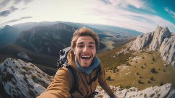 ai generativ glücklich Mann nehmen ein Selfie Klettern Berge lächelnd Tourist Wandern draussen hell Filter foto