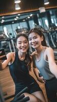 ai generativ glücklich Mutter und Tochter nehmen ein Selfie trainieren Fitnessstudio beim Zuhause während Quarantäne Konzept Über Menschen Familie Fitnessstudio beim Zuhause Sport foto