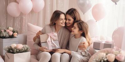ai generativ glücklich Mutter Empfang ein Geschenk von ihr Töchter im Leben Zimmer Mütter Tag Konzept foto