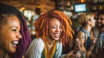 ai generativ glücklich gemischtrassig freunde Gruppe Trinken Bier beim Brauerei Kneipe Restaurant Freundschaft Konzept mit jung Menschen haben Spaß und Lachen zusammen Fokus auf schwarz Frau foto