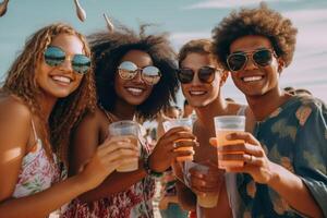 ai generativ glücklich Tourist freunde Jubel mit Mojito Cocktails beim Strand Kiosk Bar jung Menschen haben Spaß genießen Sommer- Ferien Konzept Über Freundschaft und hoch Schule Abschluss Party foto