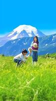 ai generativ glücklich jung Paar haben Spaß tun huckepack auf ein schön Grün Wiese romantisch Tourist genießen das Wochenende Besuch Dolomiti Alpen foto