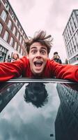 ai generativ glücklich jung Treiber nehmen ein Selfie auf seine Vermietung Auto beim Ferien foto
