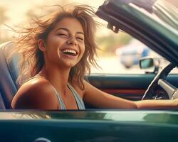 ai generativ froh jung Frau Sitzung auf Cabrio Auto lächelnd beim Kamera glücklich Paar Fahren auf das Straße mit Cabriolet Auto Menschen auf Ausflug genießen Freiheit Transport Konzept foto