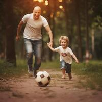 ai generativ Kind treten Fußball Ball während spielen mit seine Familie aktiv Familie haben Spaß draußen genießen Freizeit Zeit Kindheit und glücklich Lebensstil Konzept foto