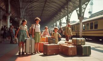 ai generativ liebend Touristen halten Koffer beim das Zug Bahnhof zwei jung Person sind bereit zu erhalten auf das Zug und Start ihr Reise foto