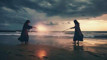 ai generativ maartial Kunst Kampf zwischen Meister und seine Schüler beim das Strand während das Sonnenaufgang Konzept Über Menschen Lebensstil und Sport foto