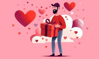 ai generativ Mann Stehen und halten Weiß Geschenk Box hinter seine zurück beim san Valentin Tag foto